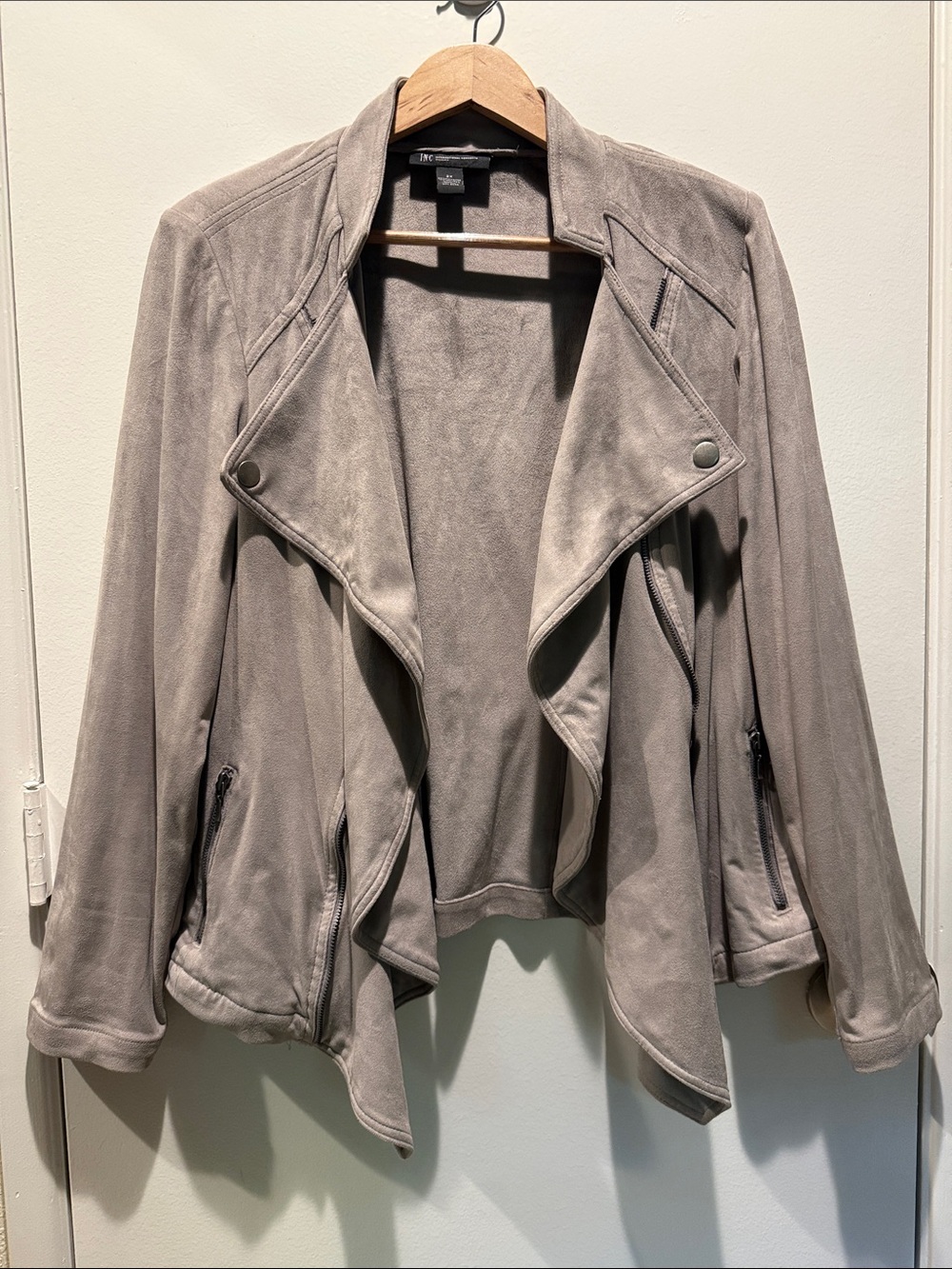 INC International Concepts Taupe Draped Faux Suede Moto Jacket